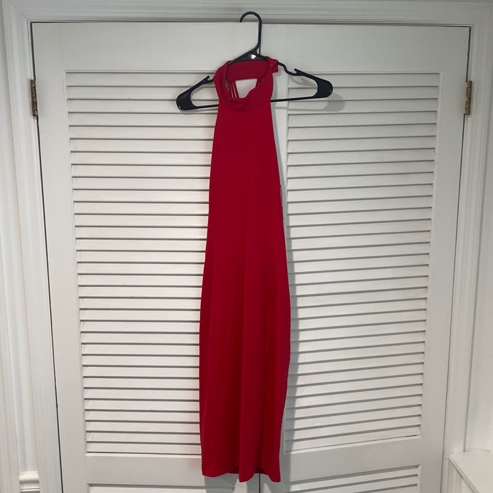 BEBE RED MIDI DRES WITH STRAPPY UPPER BACK